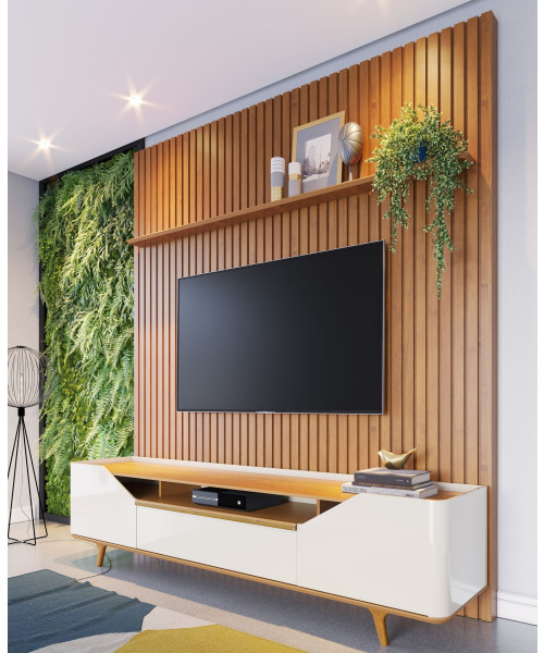 Rack Arc 2P Off White Nature 2.20m com Painel Ripado Slim Nature 2.30m x 2.19m altura