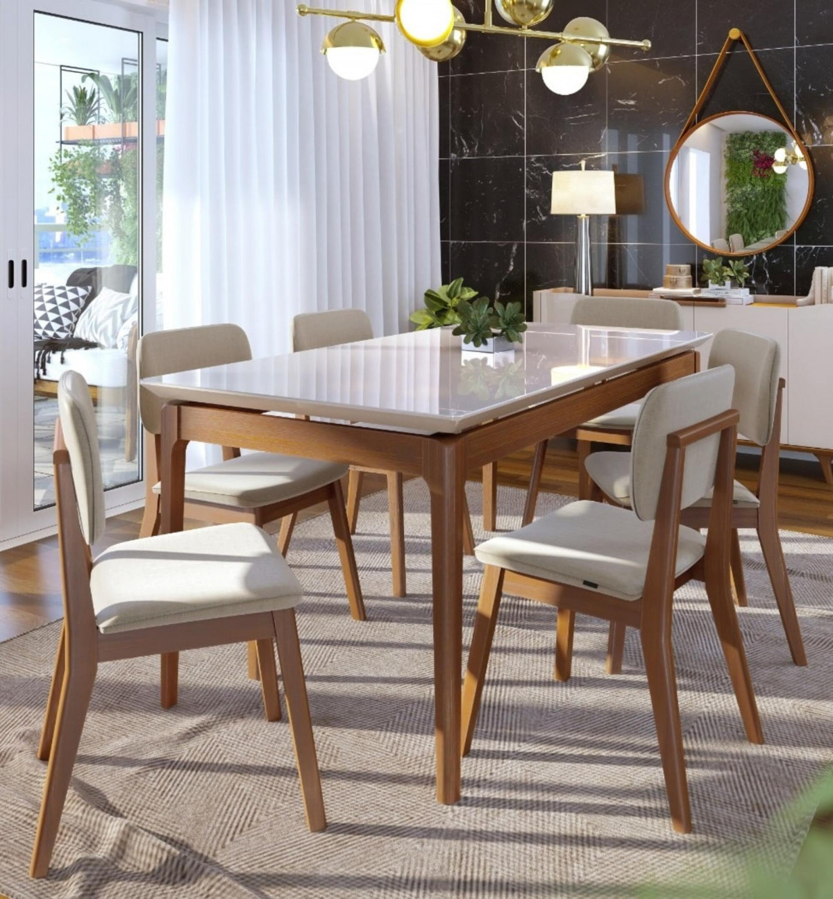 Conj. Sala de Jantar Mesa Wind 1.40m + 6 Cadeiras Classic Linho Bege ...
