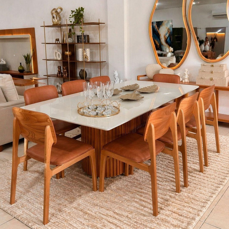 Conj. Sala de Jantar Mesa Living 2.20m + 8 Cadeiras Colors  sintetico terracota