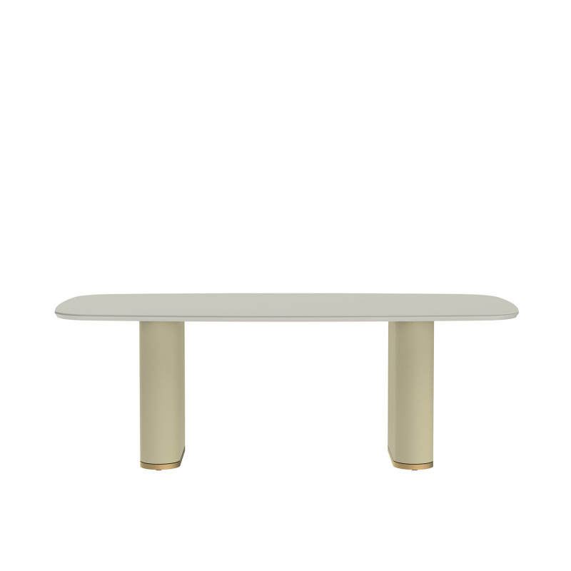 Mesa de jantar Lintz 2.19m c/ Vidro Off White Base Rev. em Sintético 