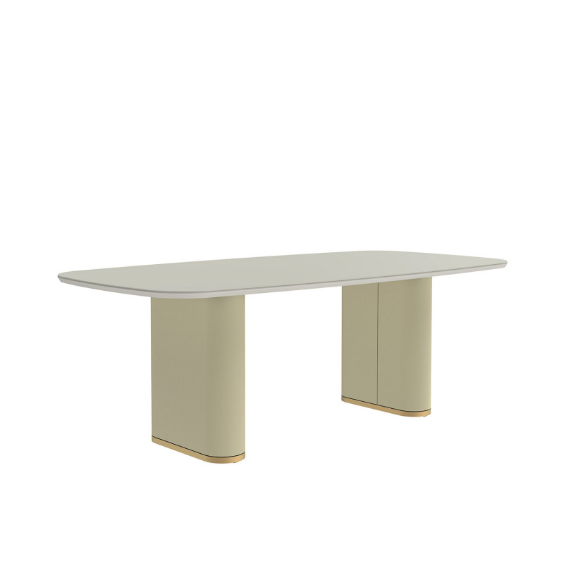 Mesa de jantar Lintz 2.19m c/ Vidro Off White Base Rev. em Sintético 