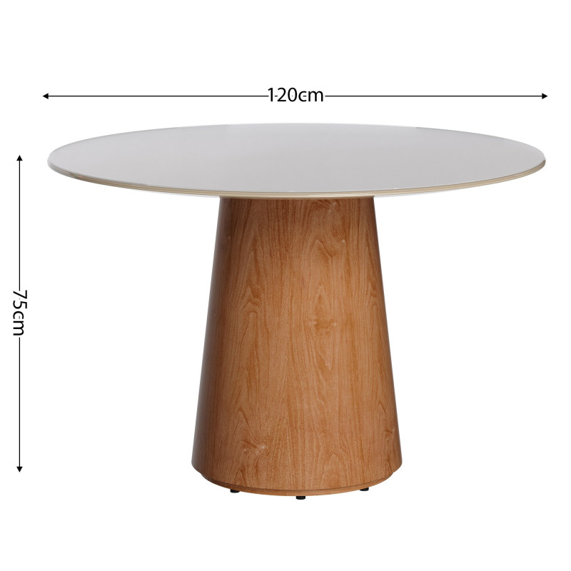 Mesa de jantar Zara Redonda 1.2 c/ Vidro Off White Base Cone Laminada