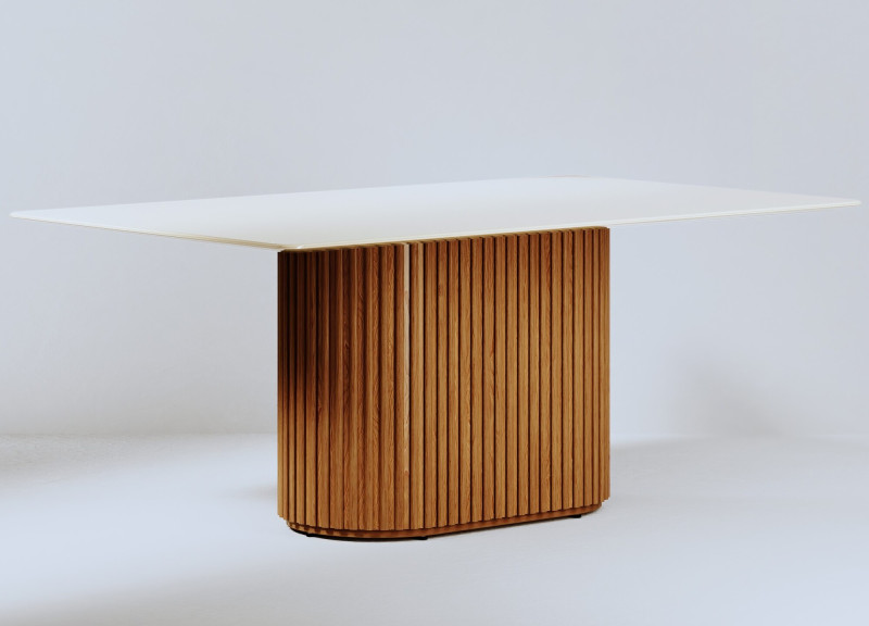 Mesa de jantar Living Retangular 1.8 c/ Vidro Off White Base Ripada