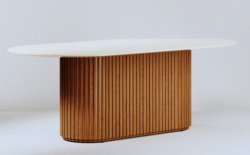 Mesa de jantar Living Oval 2.2 c/ Vidro Off White Base Ripada