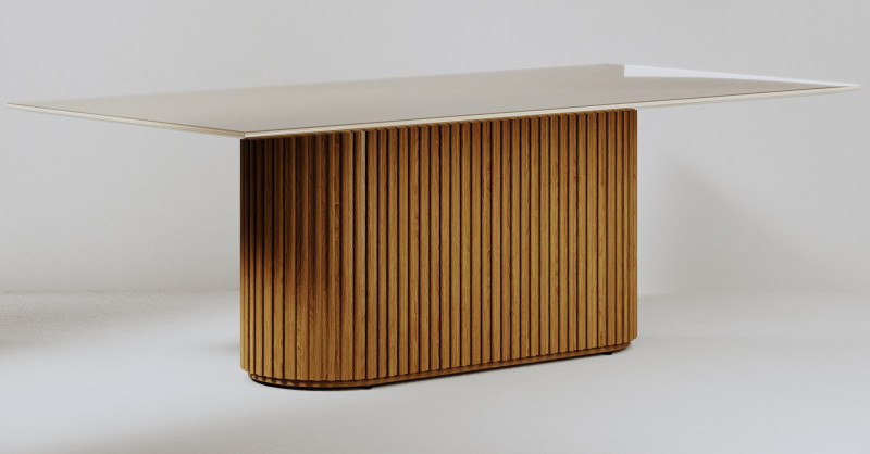 Mesa de jantar Living Retangular 2.2 c/ Vidro Off White Base Ripada