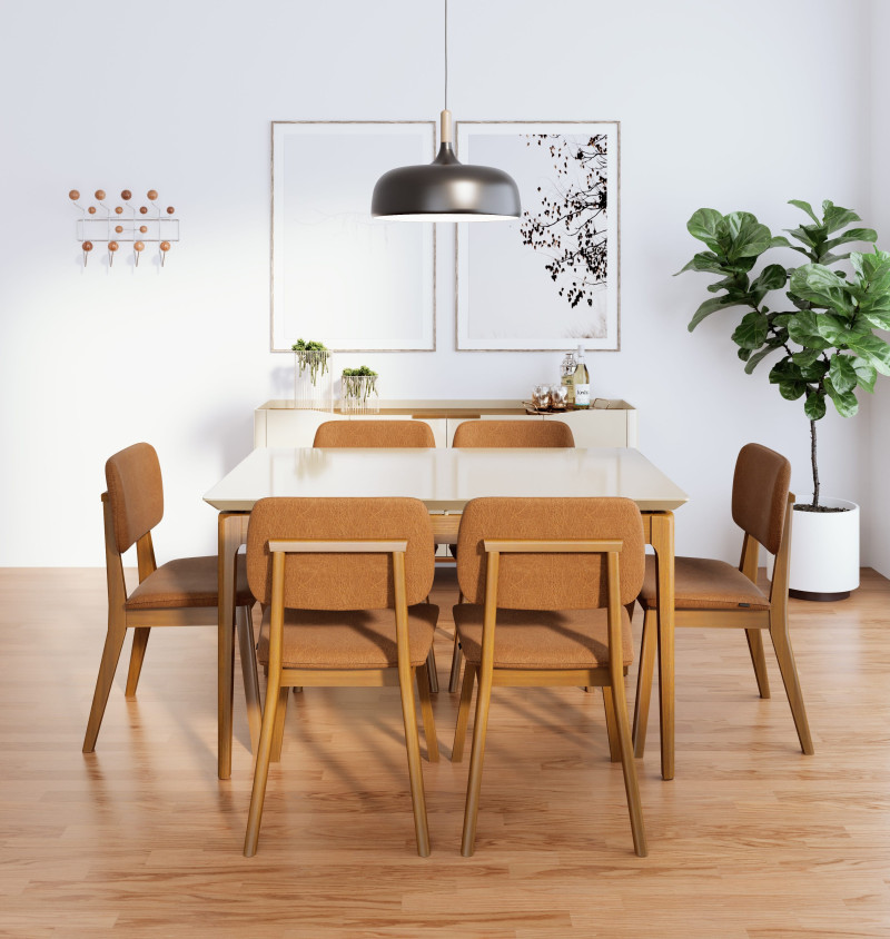 Conj. Sala de Jantar Mesa Wind 1.80m + 6 Cadeiras Classic Facto Marrom