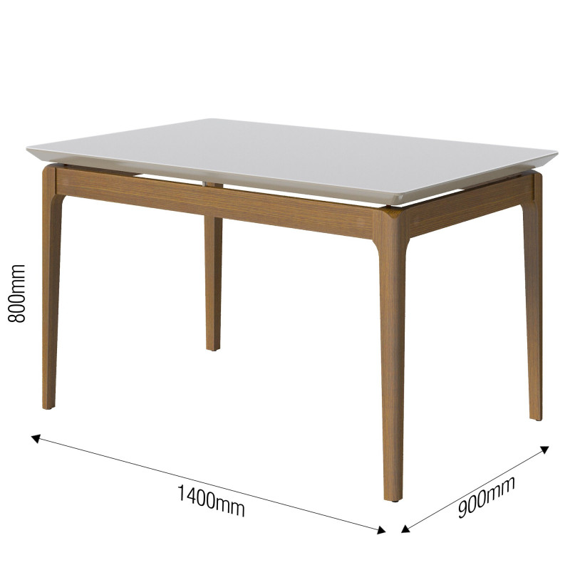 Mesa de jantar Wind Retangular 1.4 c/ Vidro Off White Pés Madeira 