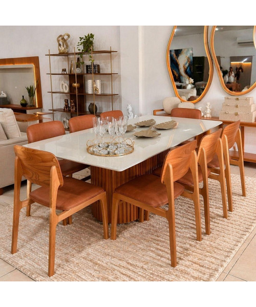 Conj. Sala de Jantar Mesa Living 2.20m + 8 Cadeiras Colors  sintetico terracota
