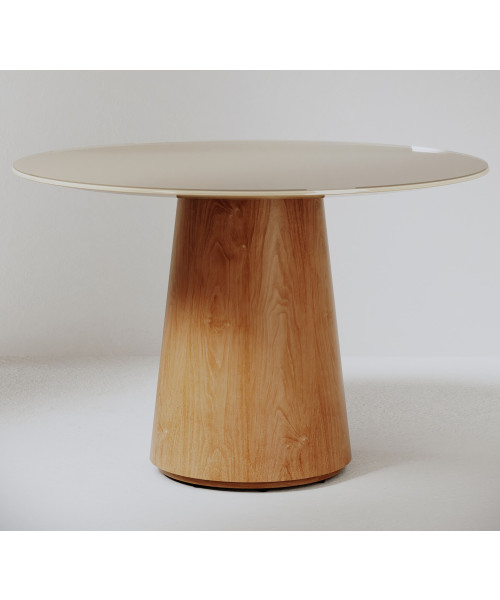 Mesa de jantar Zara Redonda 1.2 c/ Vidro Off White Base Cone Laminada