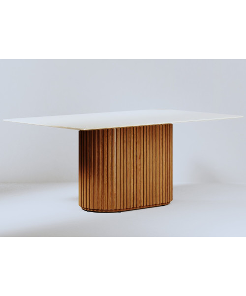 Mesa de jantar Living Retangular 1.8 c/ Vidro Off White Base Ripada