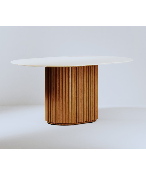 Mesa de jantar Living Oval 1.6 c/ Vidro Off White Base Ripada