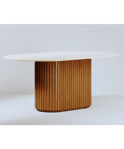 Mesa de jantar Living Oval 1.8 c/ Vidro Off White Base Ripada