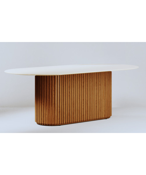 Mesa de jantar Living Oval 2.2 c/ Vidro Off White Base Ripada