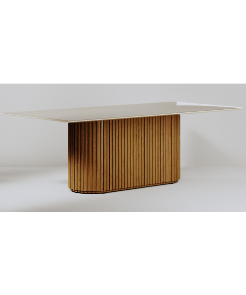 Mesa de jantar Living Retangular 2.2 c/ Vidro Off White Base Ripada